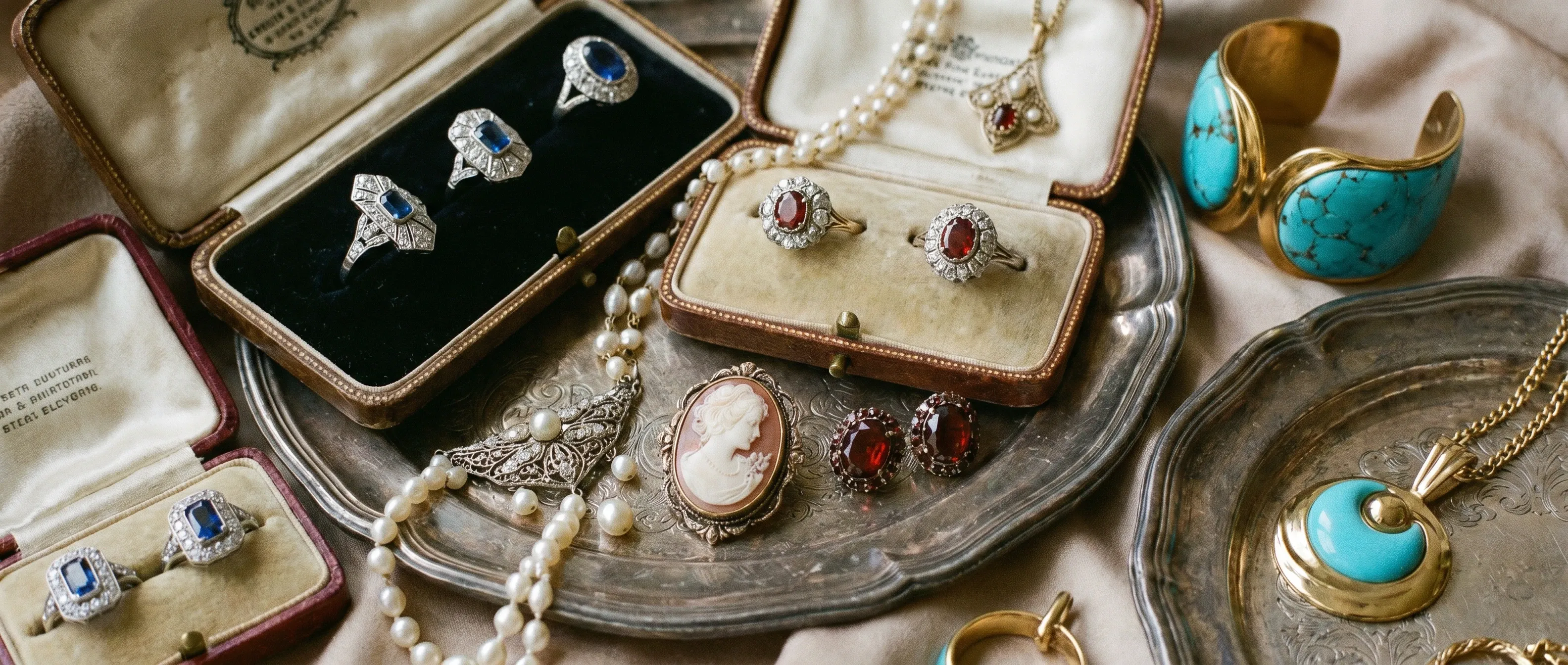 Flat lay of a curated vintage and antique jewelry collection featuring gold lockets, pearl necklaces, ornate gemstone rings, and a shell cameo brooch arranged with a velvet pouch.