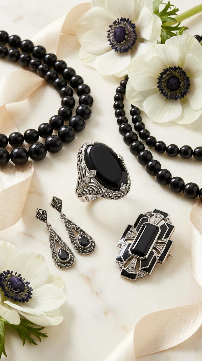Vintage Art Deco style black onyx jewelry set including a beaded necklace, silver filigree ring, geometric brooch, and drop earrings on a marble surface with white anemone flowers.