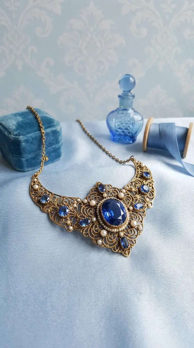 Antique brass filigree necklace with blue sapphire-style crystals and pearls, displayed on light blue silk.