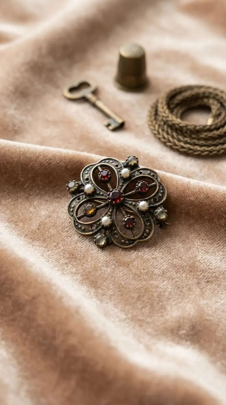 Antique bronze-tone floral brooch with red garnets and seed pearls on a beige velvet background.