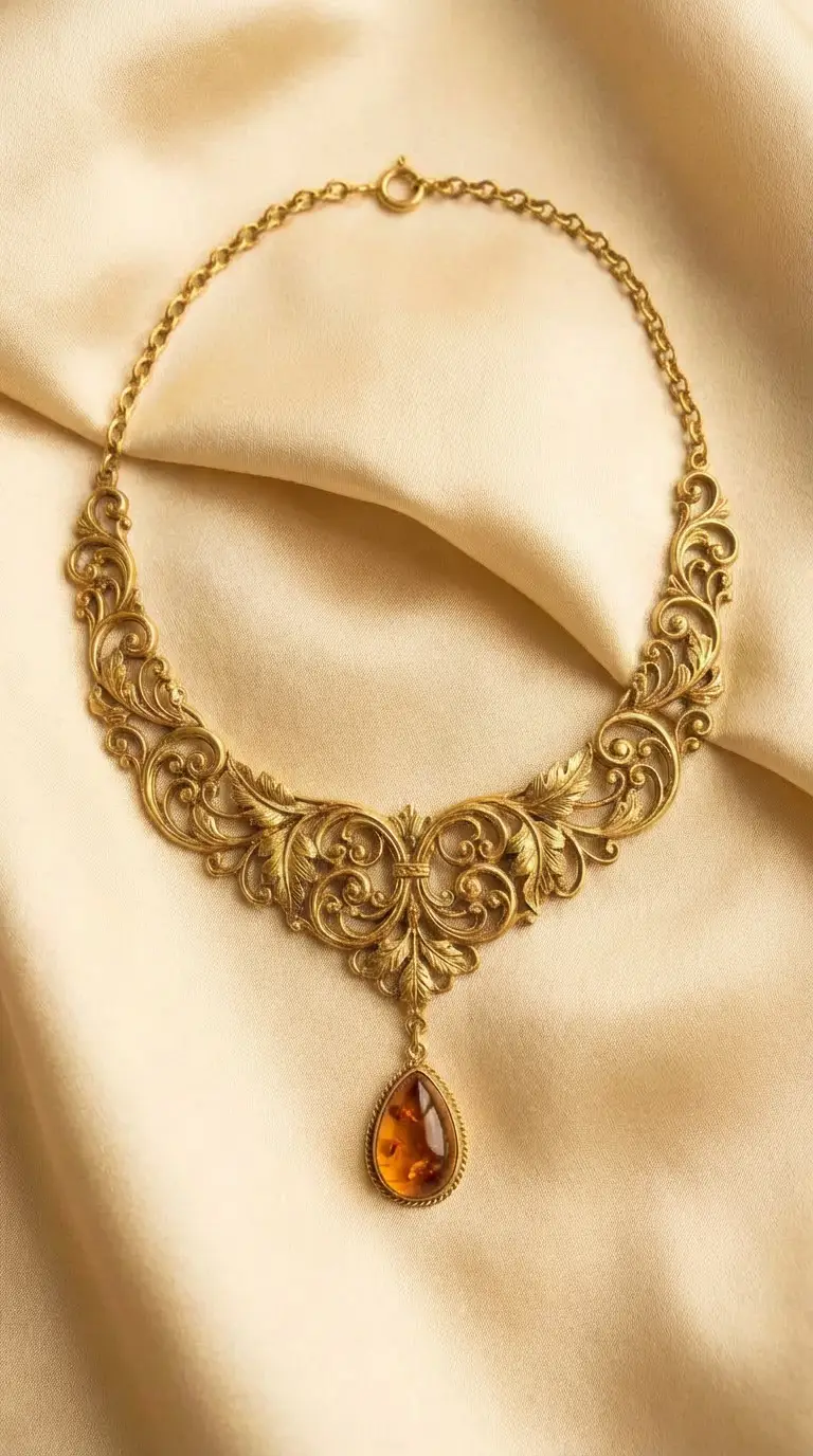 Intricate vintage gold-tone filigree scroll necklace featuring a teardrop amber pendant on draped champagne silk.