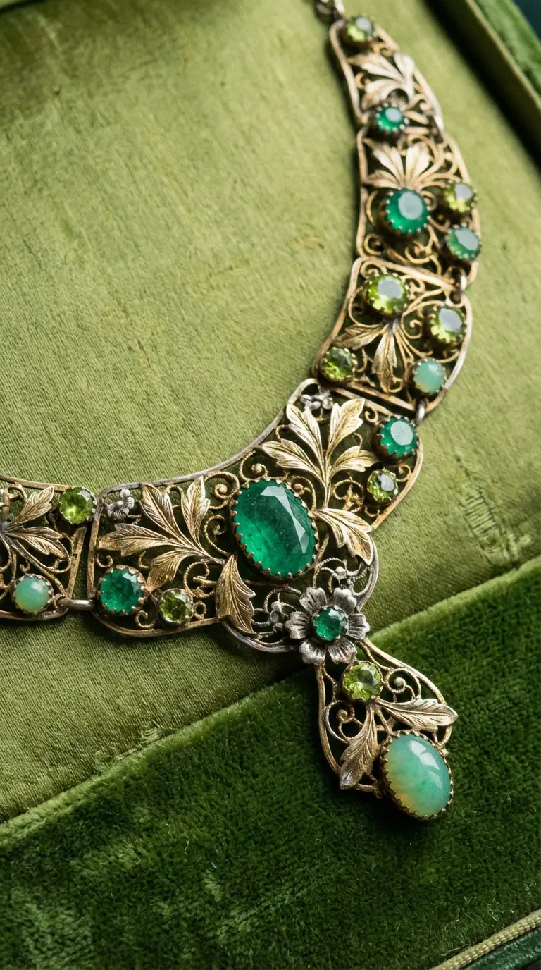 Exquisite antique silver filigree necklace with emerald and peridot gemstones in a green velvet jewelry box.