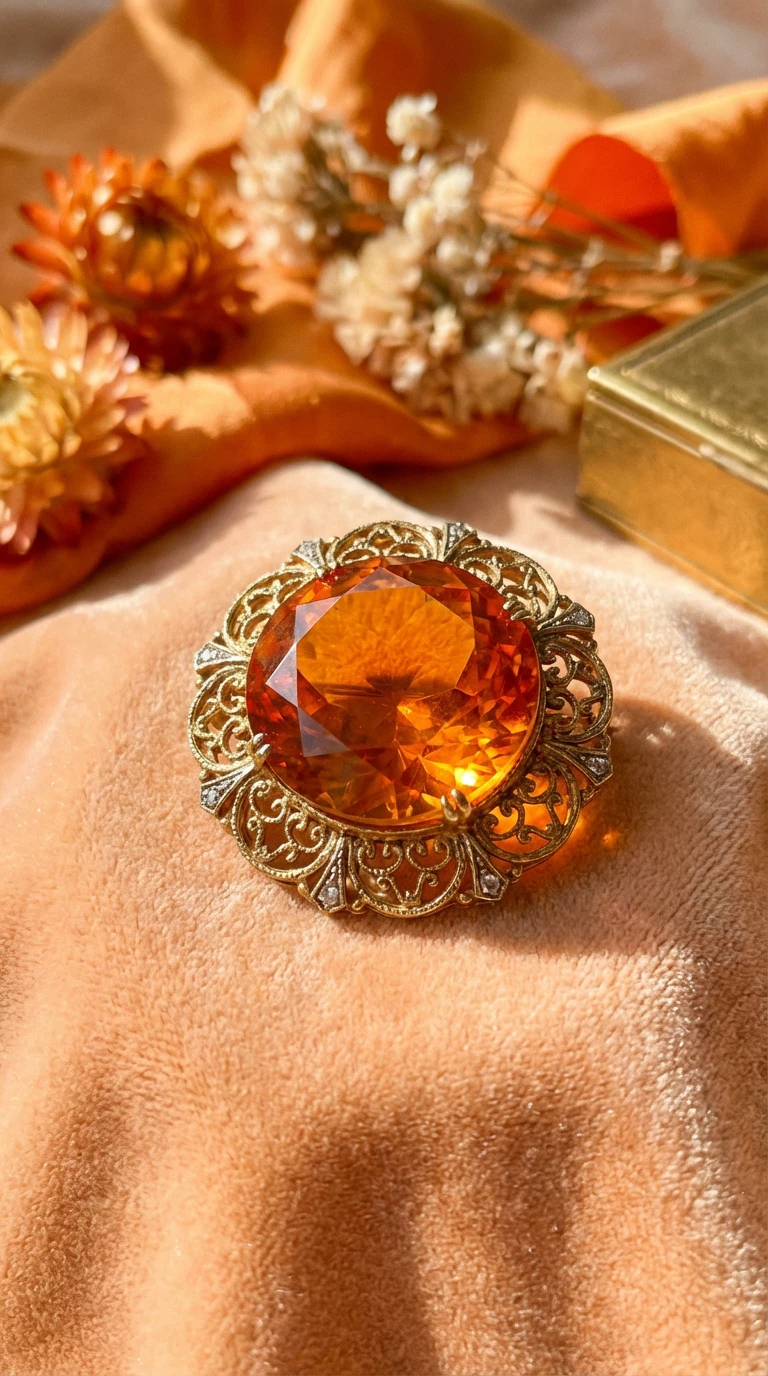 Vintage gold filigree brooch featuring a large round-cut faceted orange citrine gemstone, resting on peach velvet with dried autumn flowers.