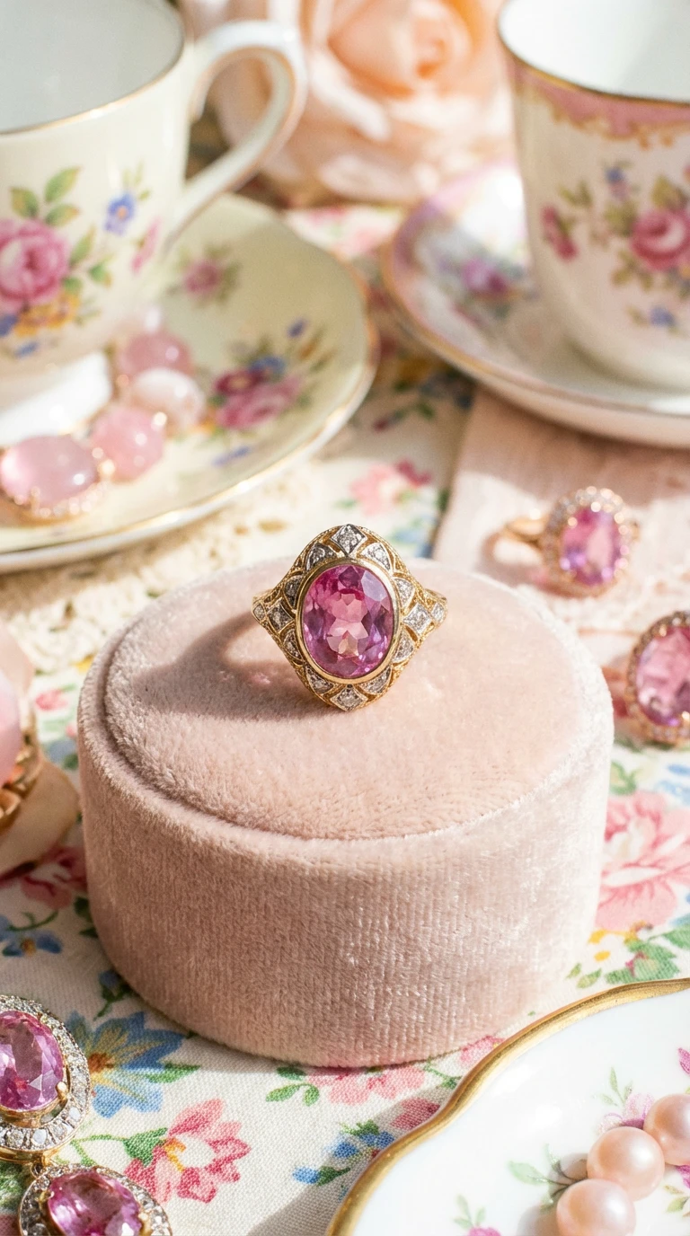 Vintage gold ring featuring a large oval pink gemstone and diamond halo, displayed on a round pink velvet jewelry box alongside floral teacups.