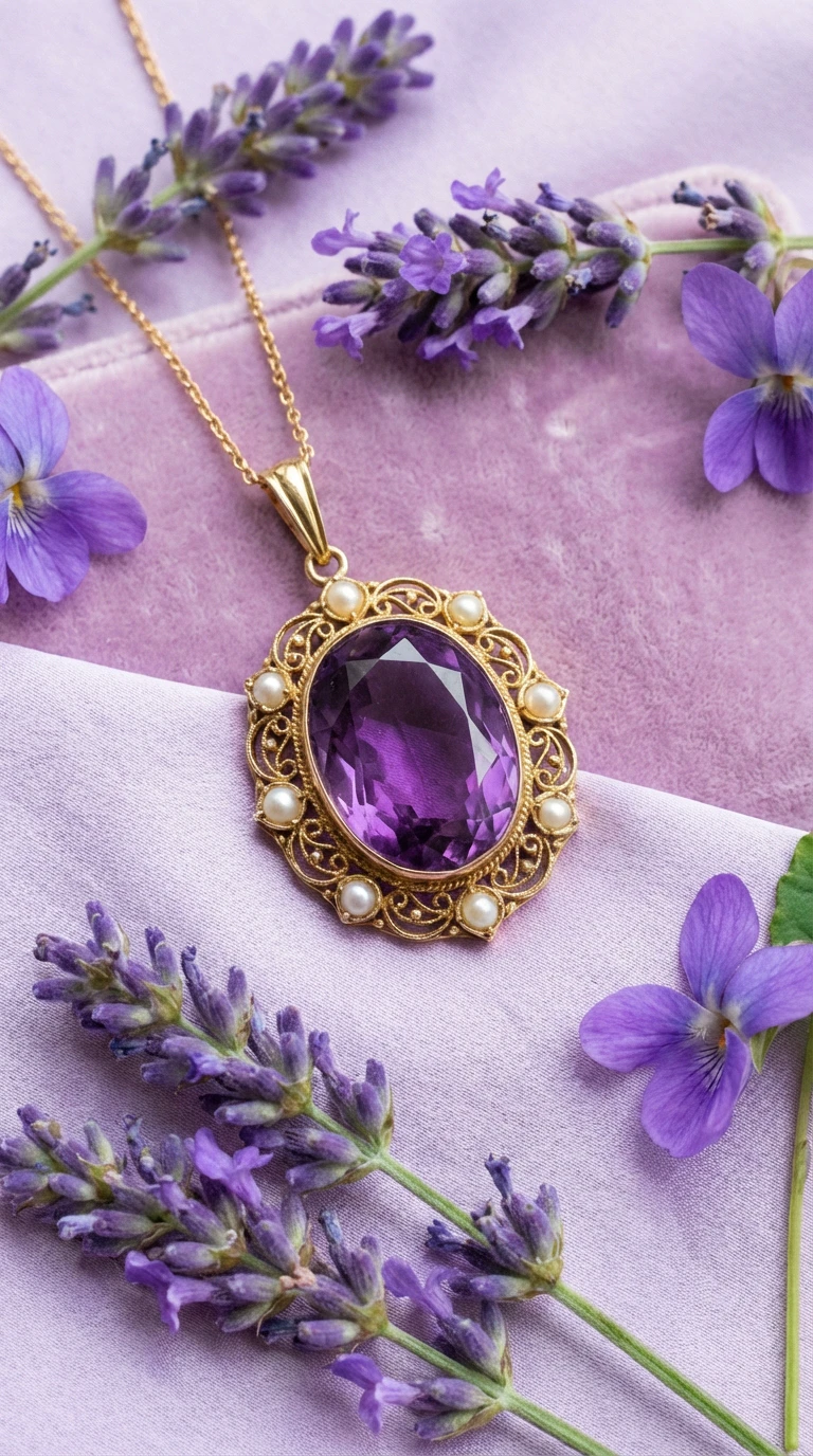 Victorian-style gold pendant necklace with a large oval purple amethyst and seed pearl border, displayed on purple silk with fresh lavender.