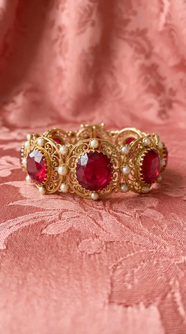 Ornate vintage gold filigree bracelet featuring large ruby-red gemstones and seed pearl accents on pink damask silk.