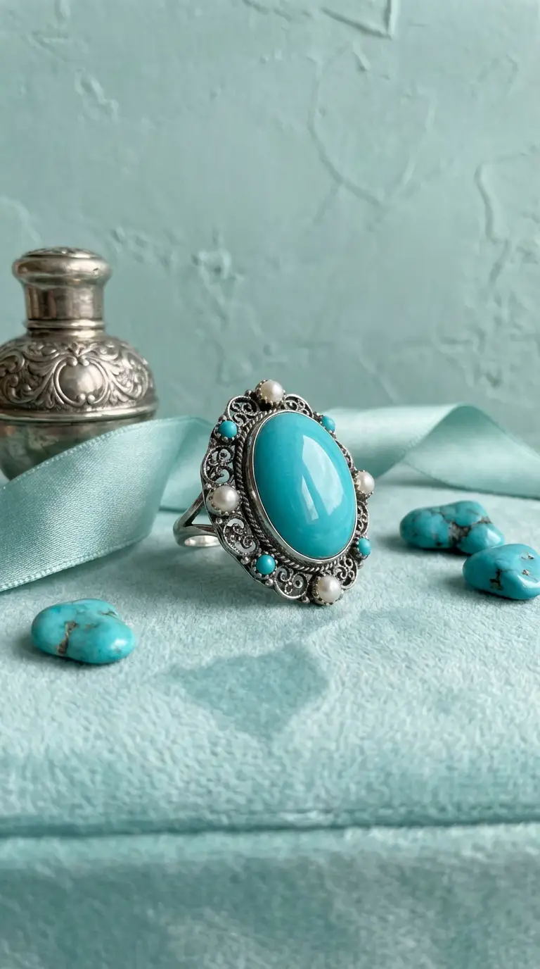 Antique silver filigree turquoise ring with pearls on a teal velvet background.