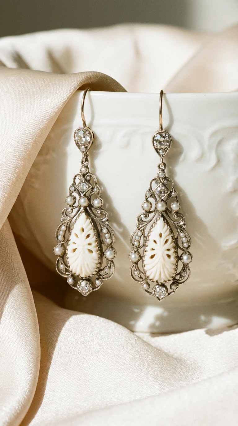 Vintage silver filigree drop earrings featuring a carved ivory-colored teardrop center, accented with small pearls and clear stones, resting against a white ceramic cup and cream silk fabric.