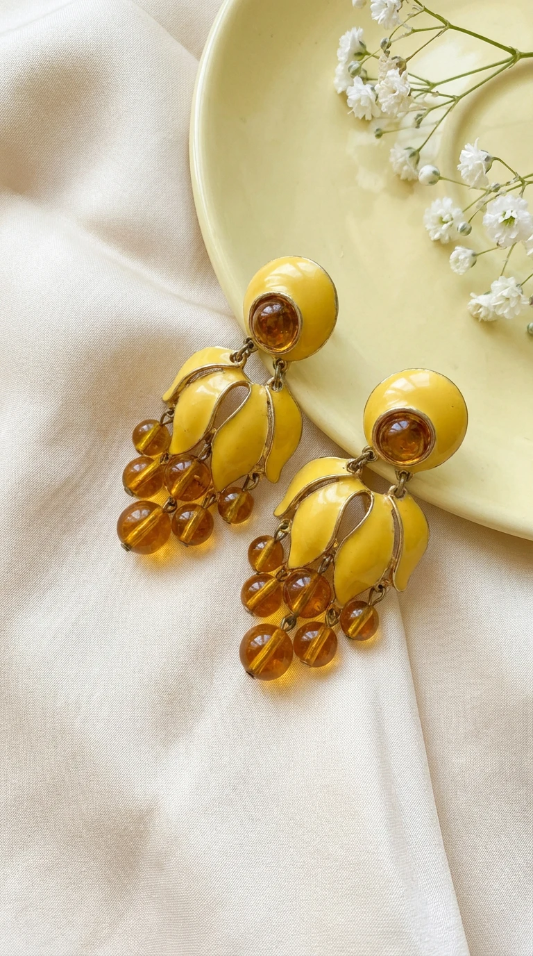 Retro vintage yellow enamel floral dangle earrings featuring clusters of amber-colored glass beads, laid next to a yellow plate and baby's breath flowers
