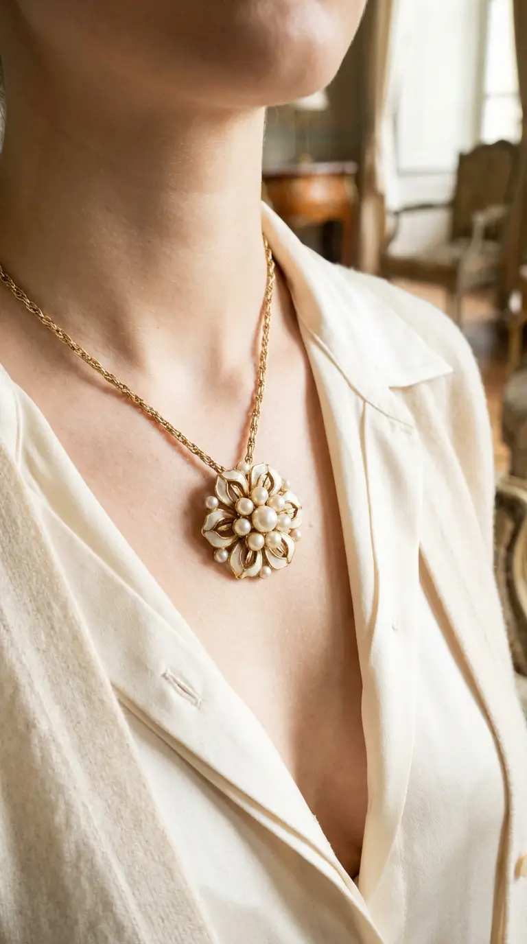 Model wearing a vintage Art Deco style silver necklace with a geometric fan pendant featuring clear, green, and blue stones.
