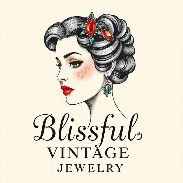 Blissful Vintage Jewelry brand logo: Illustration of a glamorous woman wearing antique-style ruby and emerald gemstone jewelry.