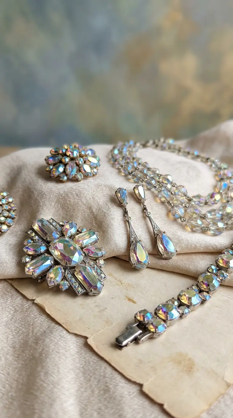 Collection of vintage aurora borealis rhinestone jewelry set on silk and antique paper.