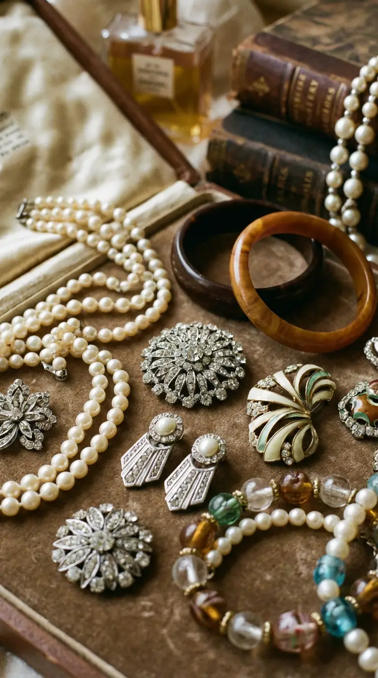 Flat lay of assorted vintage costume jewelry including pearl necklaces, rhinestone brooches, and bakelite bangles.