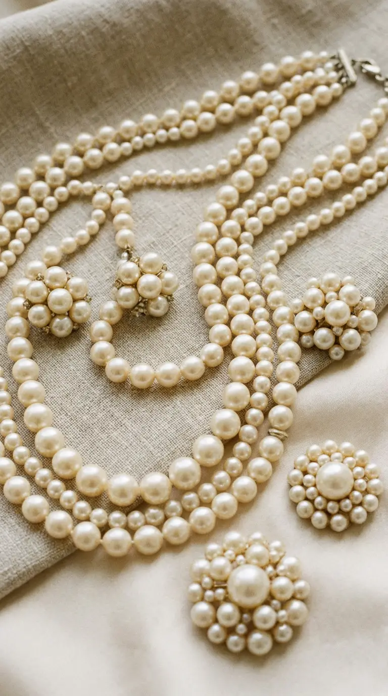 Elegant multi-strand vintage faux pearl necklace with matching cluster earrings and floral brooches on linen.