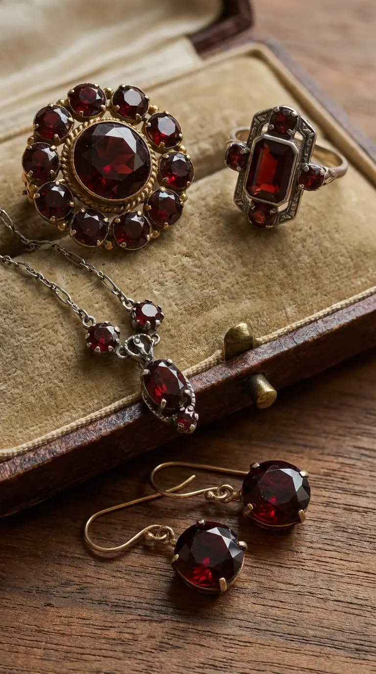 Antique garnet jewelry set including rings, a necklace, and earrings in a velvet-lined vintage display box.