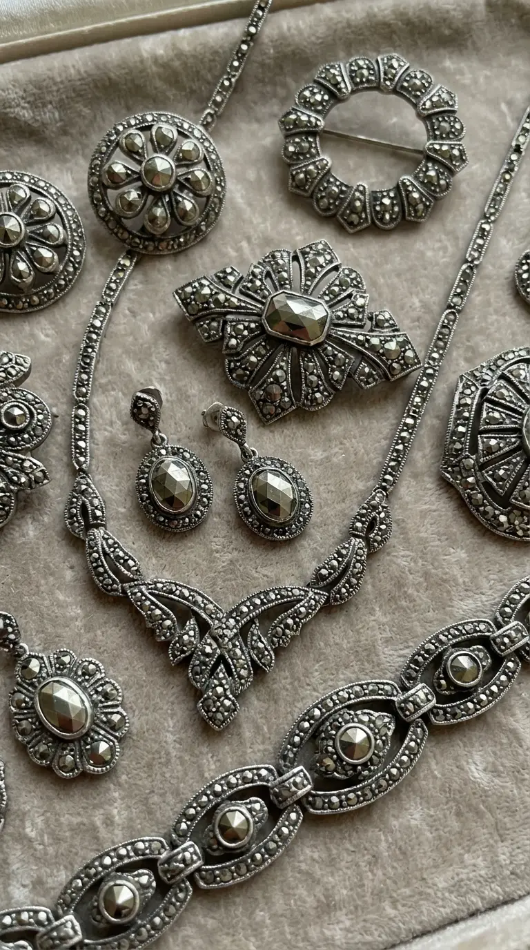 Vintage Art Deco style marcasite jewelry collection, including necklace, bracelet, earrings, and brooches on velvet.