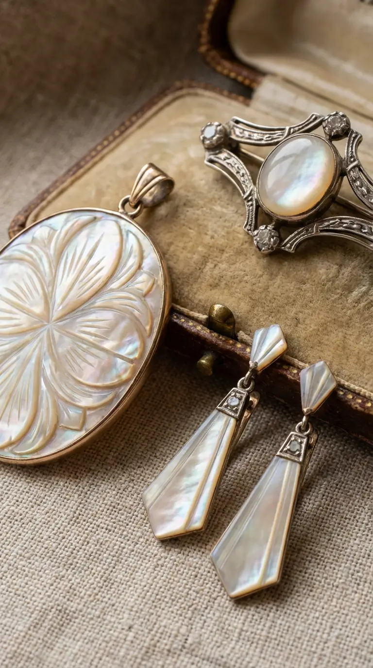 Vintage carved mother-of-pearl pendant, fan earrings, and a small ring in an antique velvet-lined jewelry box on linen.