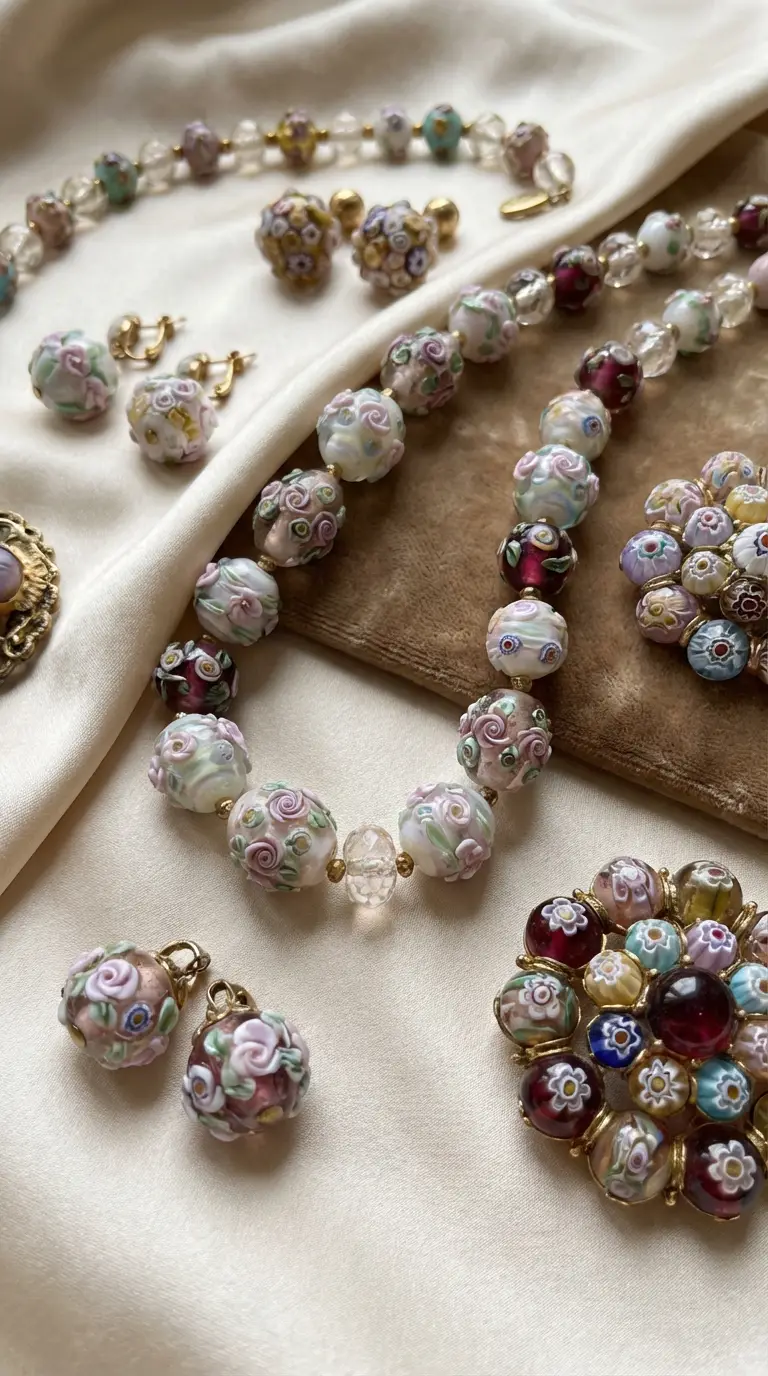 Collection of vintage Italian Murano glass wedding cake necklaces and matching stud and button earrings in various floral designs, resting on draped silk and a velvet pouch.