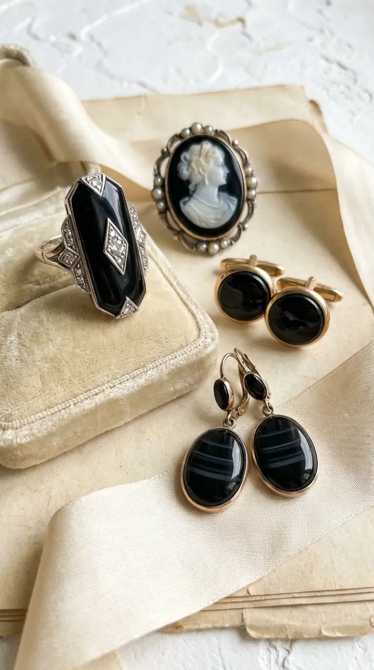 Antique black onyx and diamond cocktail ring, cameo brooch, and gold drop earrings displayed on cream silk.