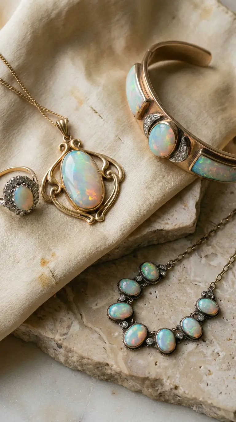 Vintage Victorian-style jewelry collection featuring fire opal rings and drop earrings set in ornate gold filigree.