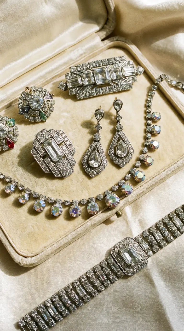 Stunning vintage clear rhinestone statement jewelry set, featuring a tiered necklace and teardrop earrings on grey silk.