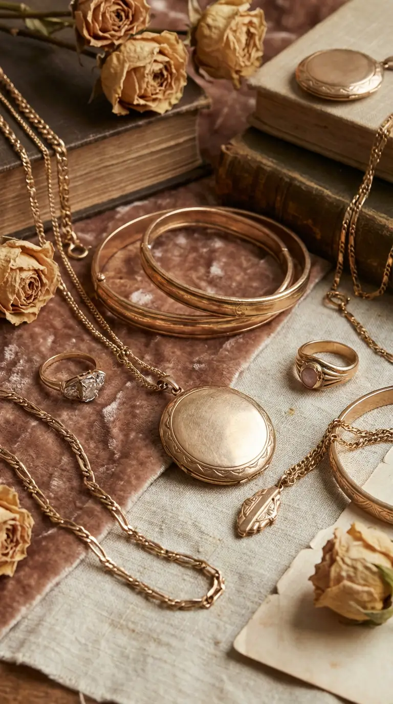 Collection of vintage and antique rolled gold jewelry, including an etched round locket pendant, multiple fine chain necklaces, a diamond ring, a signet ring, and stacking bangles.