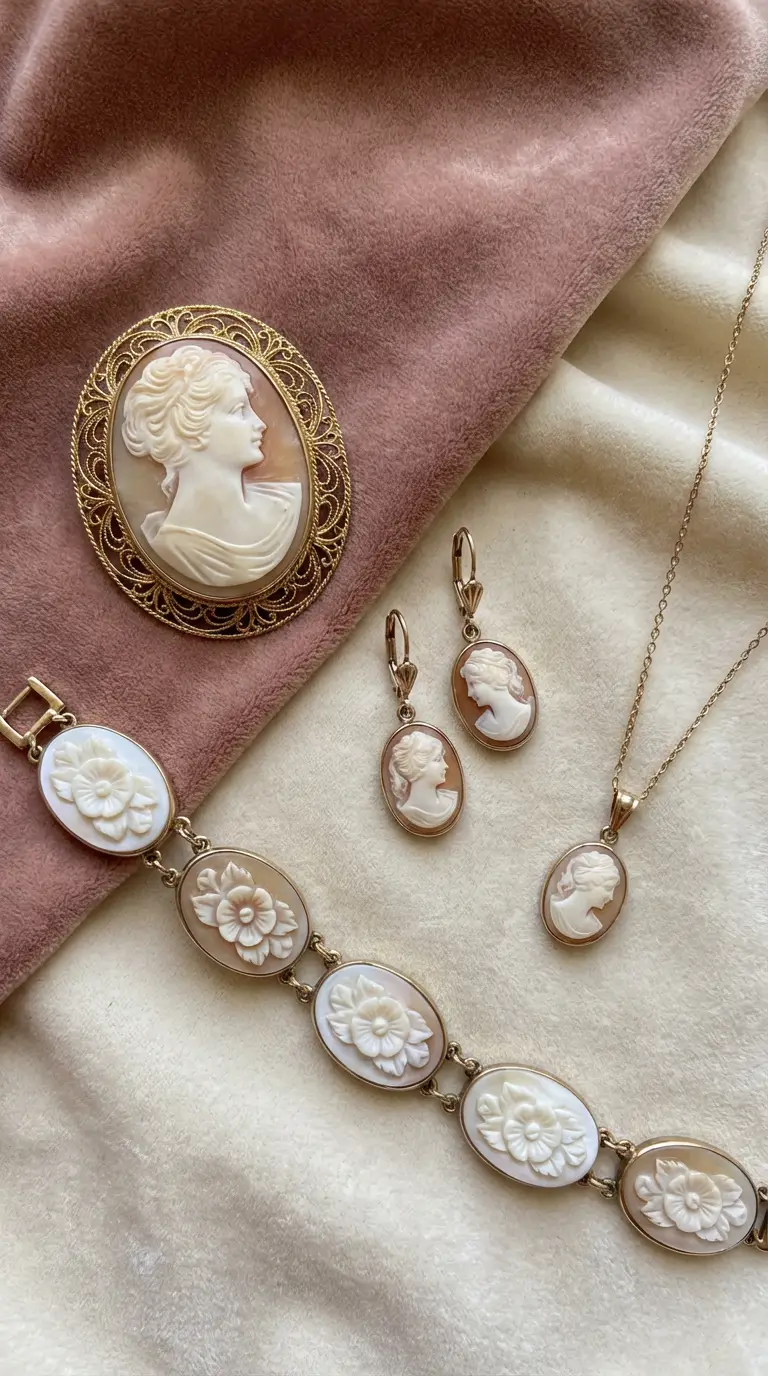 Antique shell cameo jewelry set featuring a large filigree-framed brooch, portrait drop earrings, a matching pendant necklace, and a floral carved link bracelet on velvet.