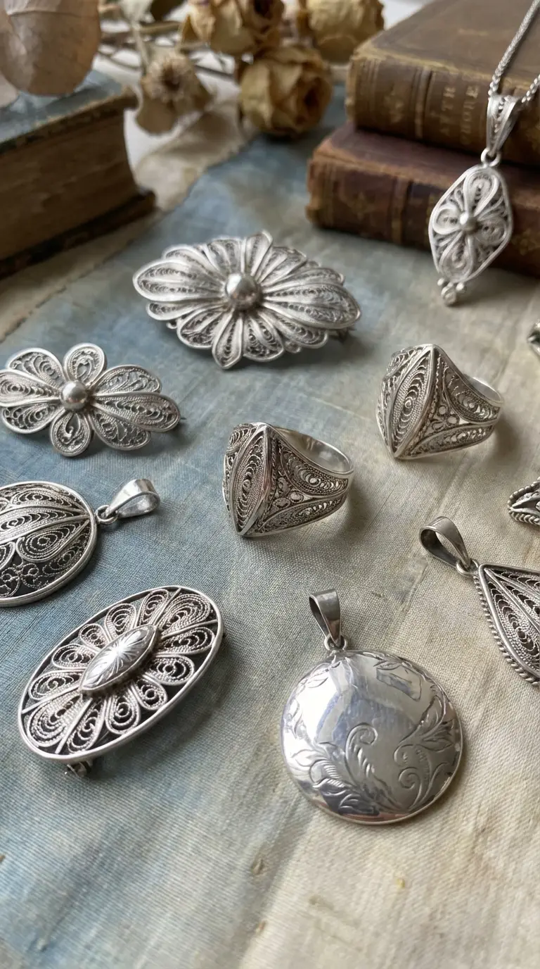 Collection of antique sterling silver jewelry including intricate filigree flower brooches, shield-shaped rings, an etched locket, and open-work pendants.