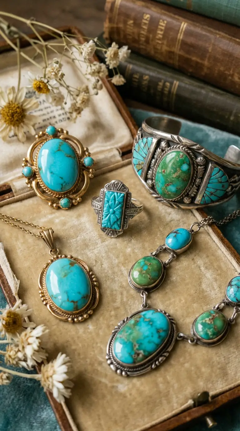 Collection of vintage and antique turquoise jewelry, including rings, a pendant, a necklace, and a cuff bracelet.