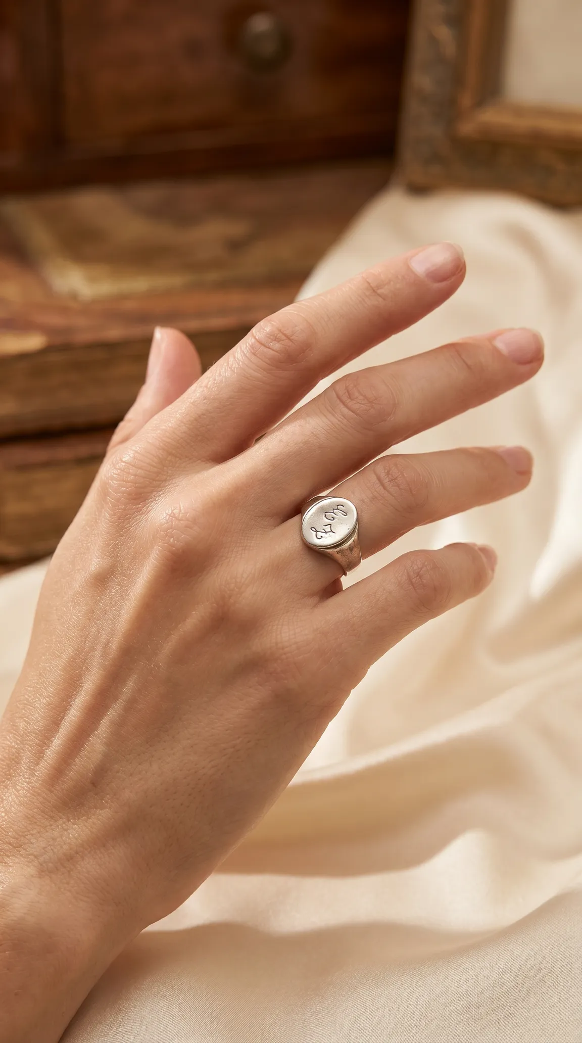 Vintage sterling silver signet ring with engraved LM initials on hand.
