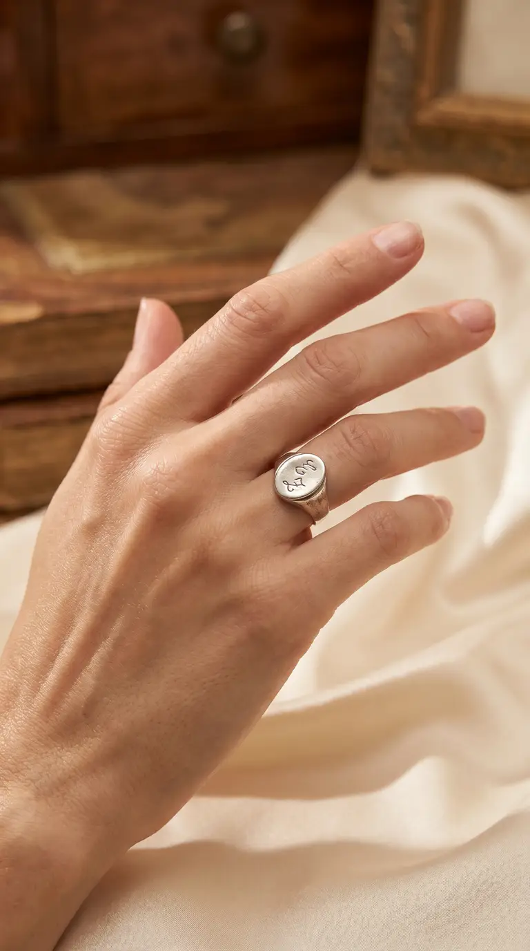 Vintage sterling silver signet ring with engraved LM initials on hand.