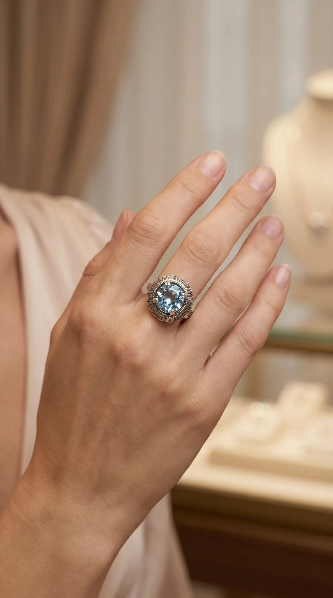 Vintage aquamarine ring on hand, intricate silver setting, antique blue gemstone jewelry
