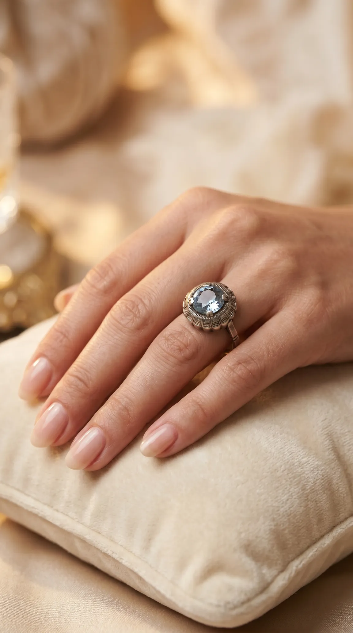 Vintage ornate silver ring with light blue aquamarine gemstone on a woman's hand