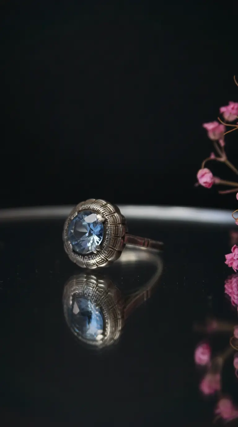 Vintage silver ring with light blue gemstone, intricate bezel design, reflecting on dark surface with pink flowers.