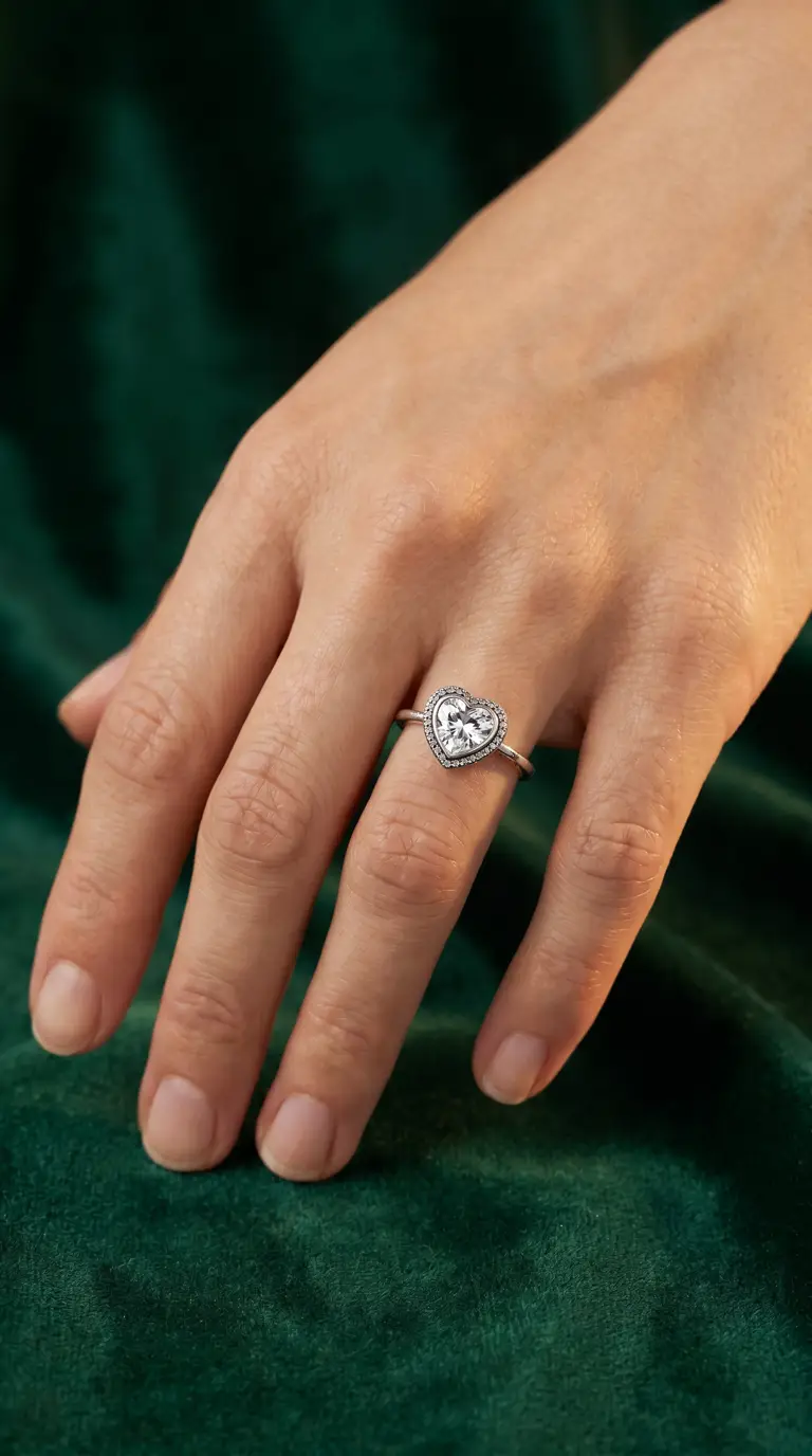 Vintage heart-shaped diamond ring with pave halo on a woman's hand, set against green velvet.