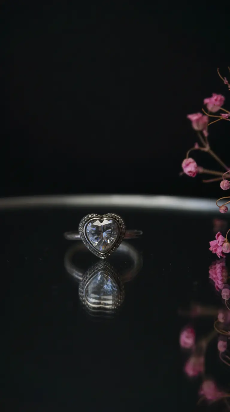 Vintage silver ring with heart-shaped clear gemstone and marcasite halo, reflecting on a black surface with pink floral accents.