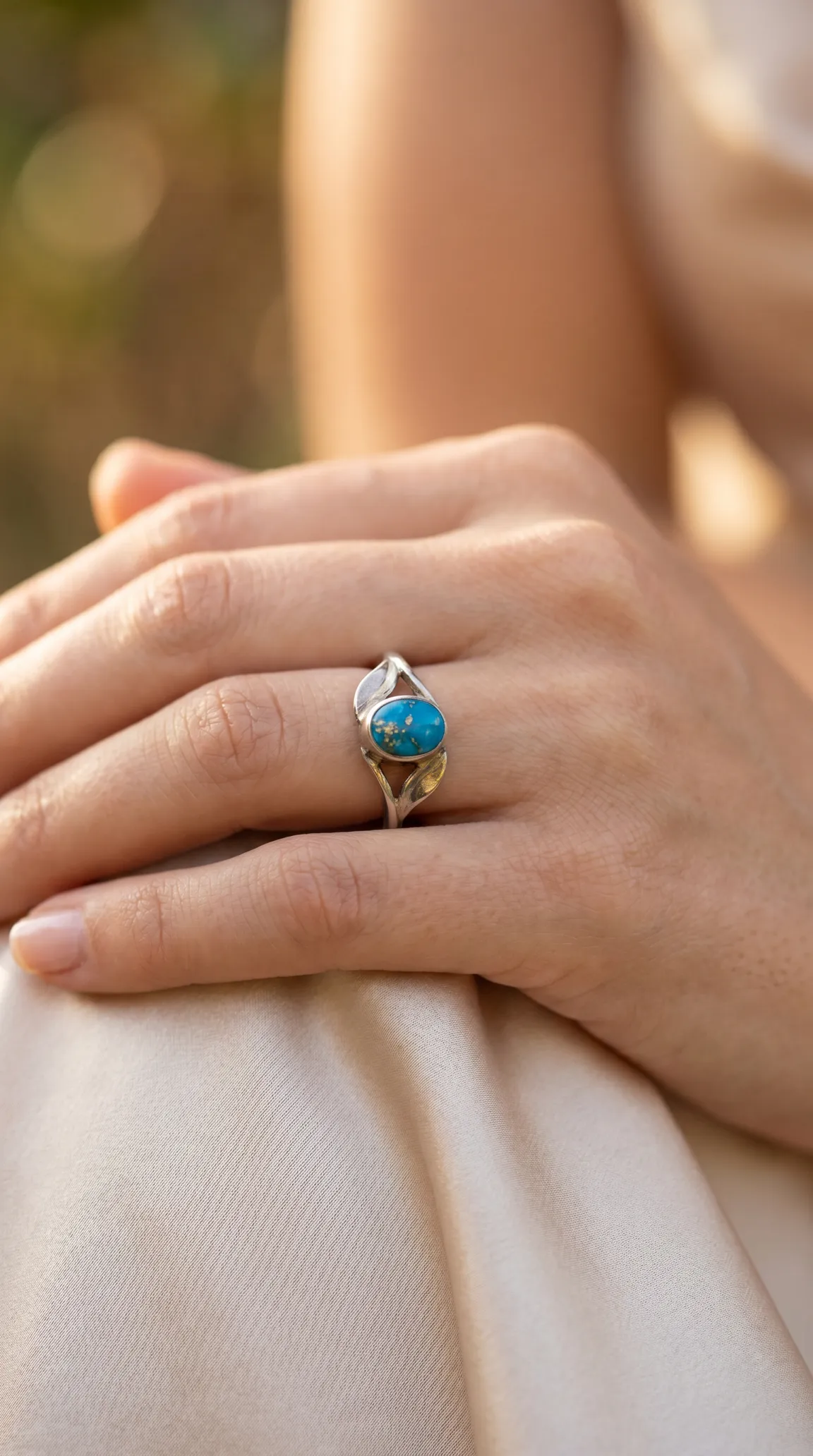 Vintage sterling silver ring with oval turquoise gemstone and leaf design on a woman's hand.