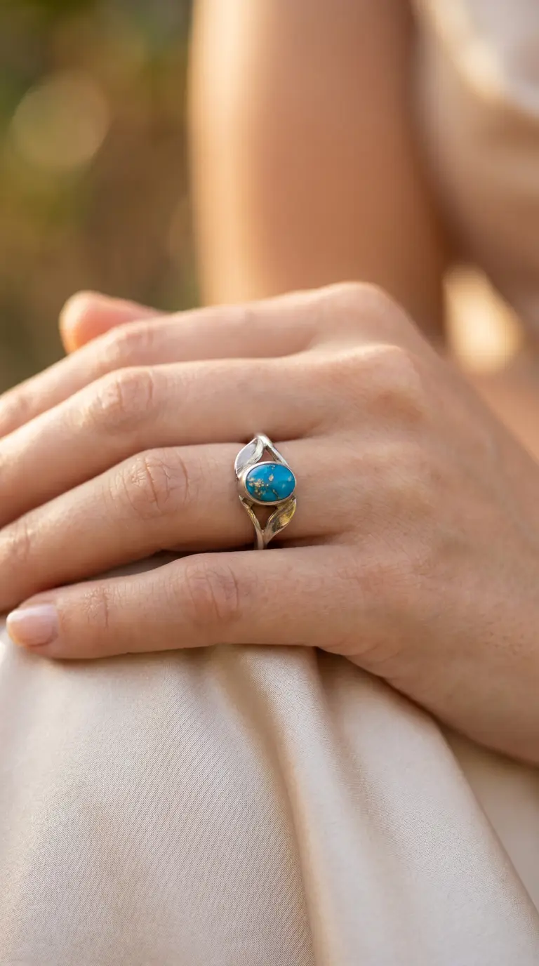 Vintage sterling silver ring with oval turquoise gemstone and leaf design on a woman's hand.