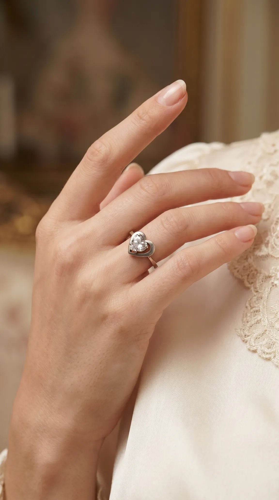 Vintage sterling silver heart ring with clear sparkling gemstone on a woman's hand, elegant antique jewelry.