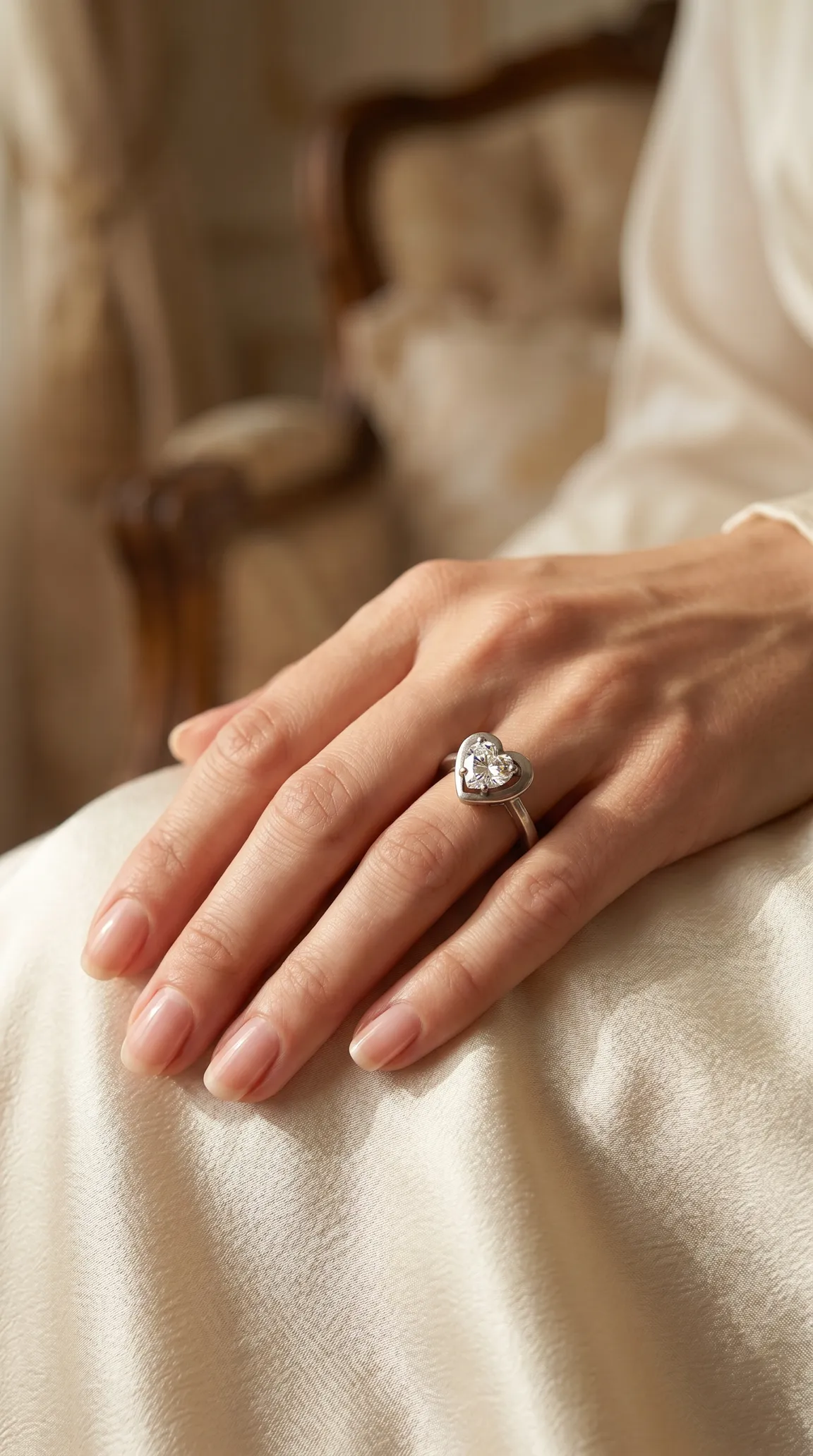 Vintage silver heart diamond ring on a woman's hand, romantic heirloom jewelry.