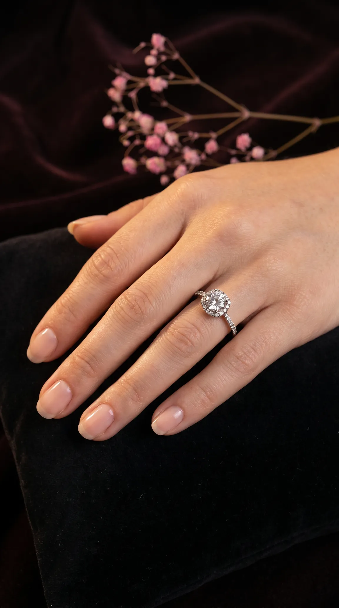 Vintage diamond halo engagement ring with pavé band on a woman's hand