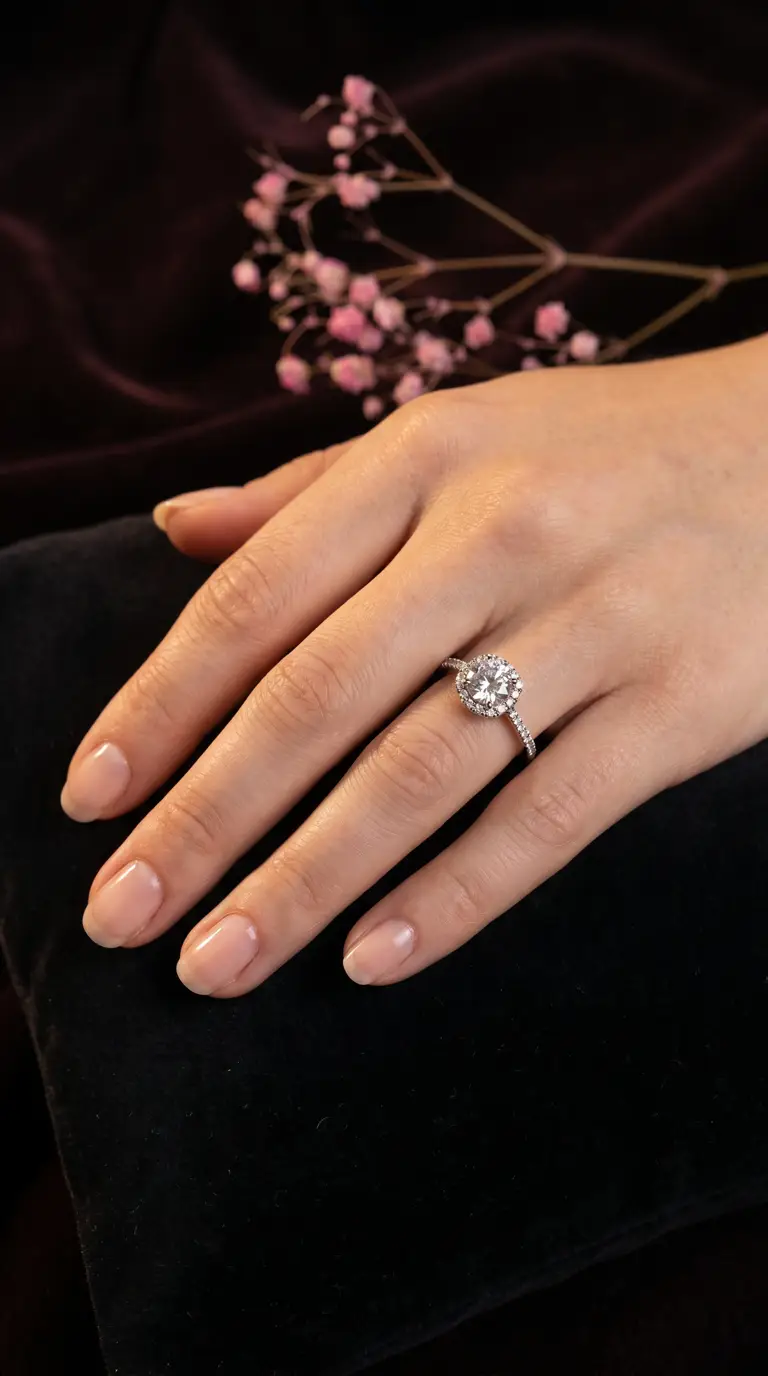 Vintage diamond halo engagement ring with pavé band on a woman's hand