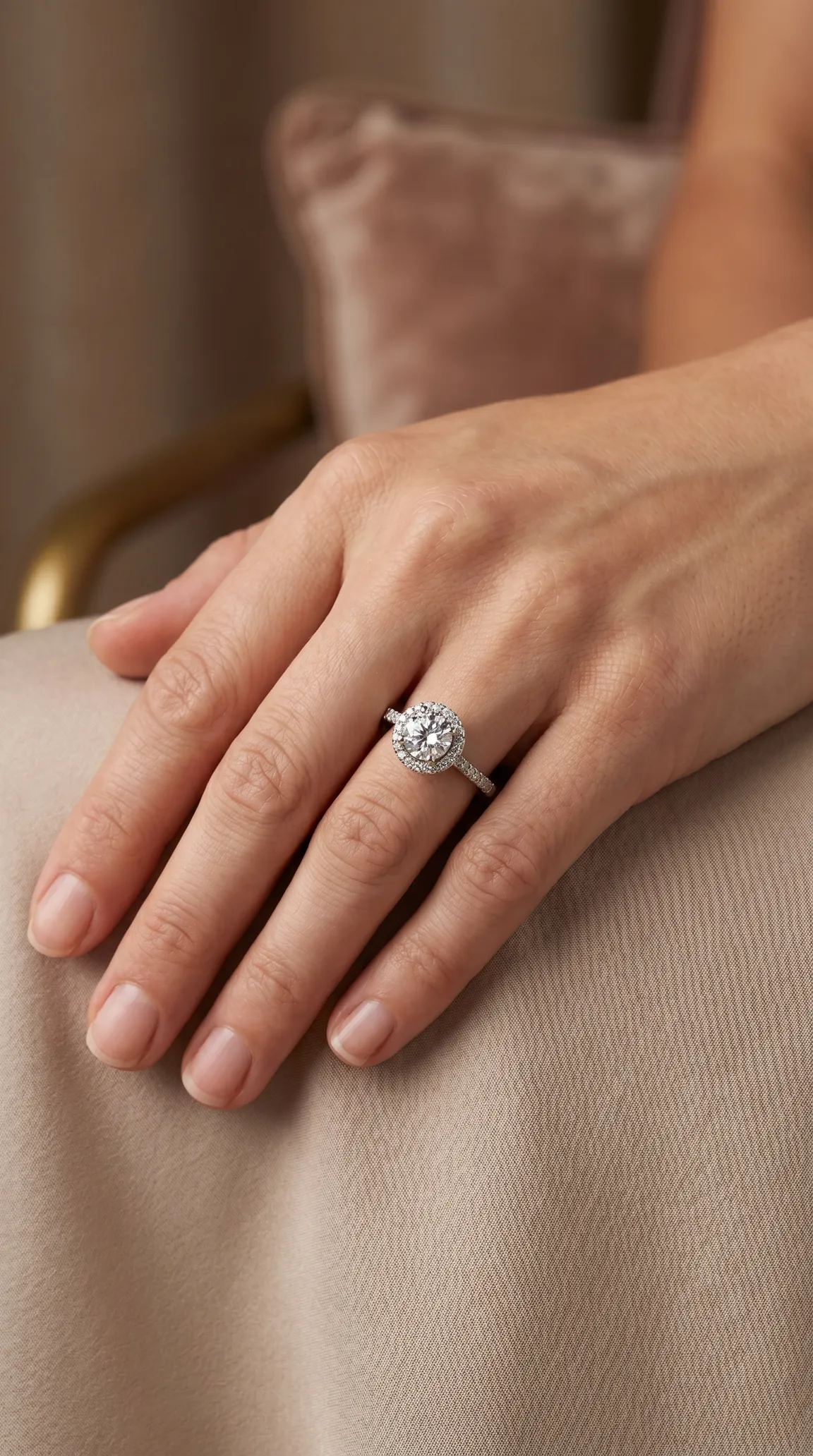 Vintage diamond halo engagement ring with pave band on a woman's hand.