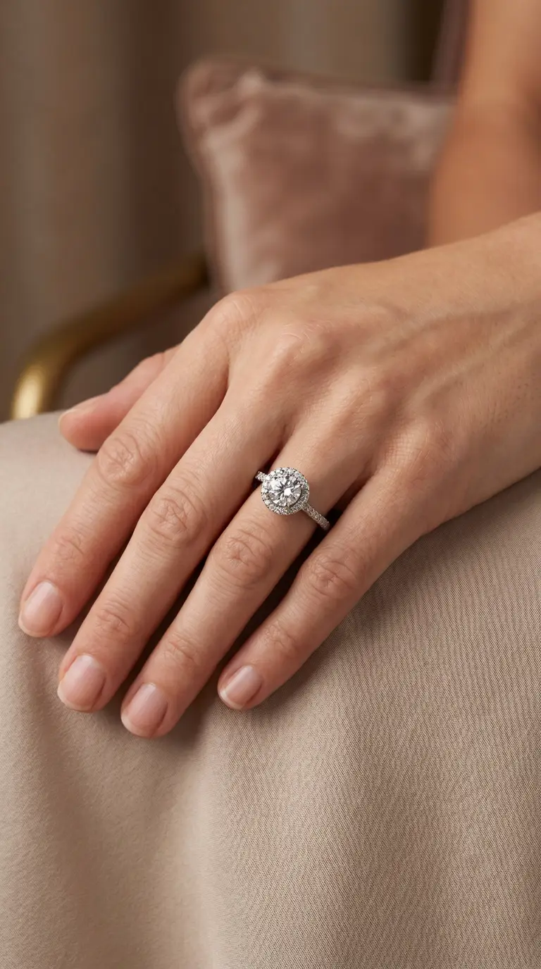 Vintage diamond halo engagement ring with pave band on a woman's hand.