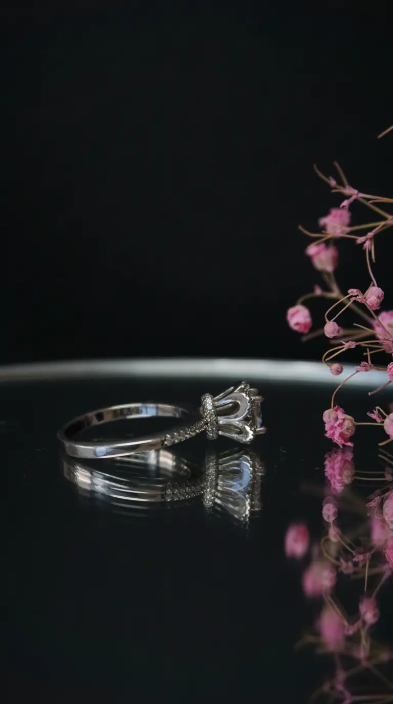 Vintage sterling silver ring with large clear gemstone and pave accent stones, reflecting on a dark surface next to dried pink flowers.
