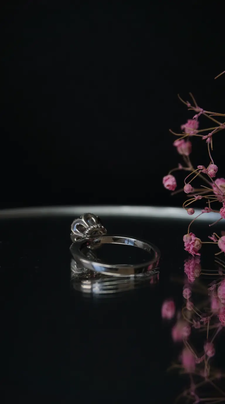 Vintage silver ring with intricate crown setting and pink floral accents