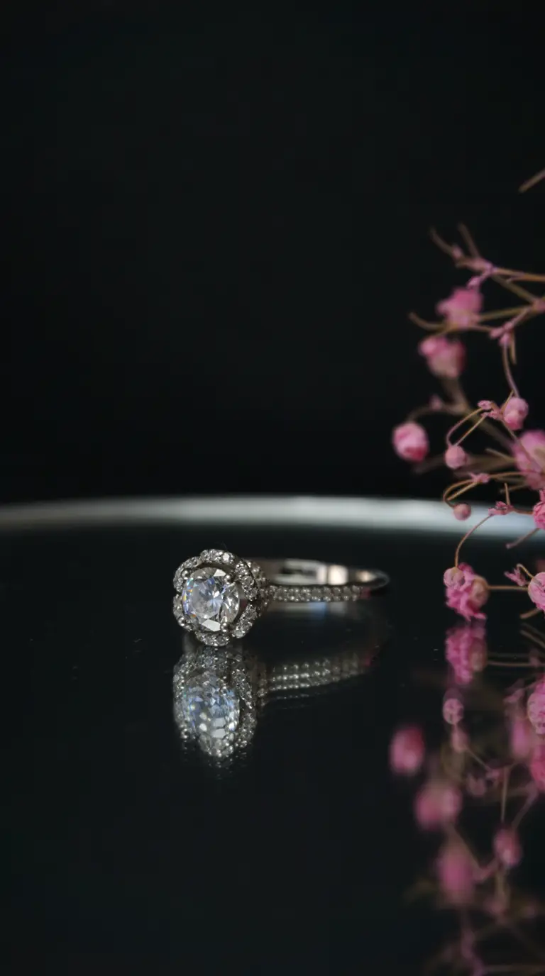 Vintage silver diamond halo ring with pave band, reflecting on dark surface, elegant antique jewelry.