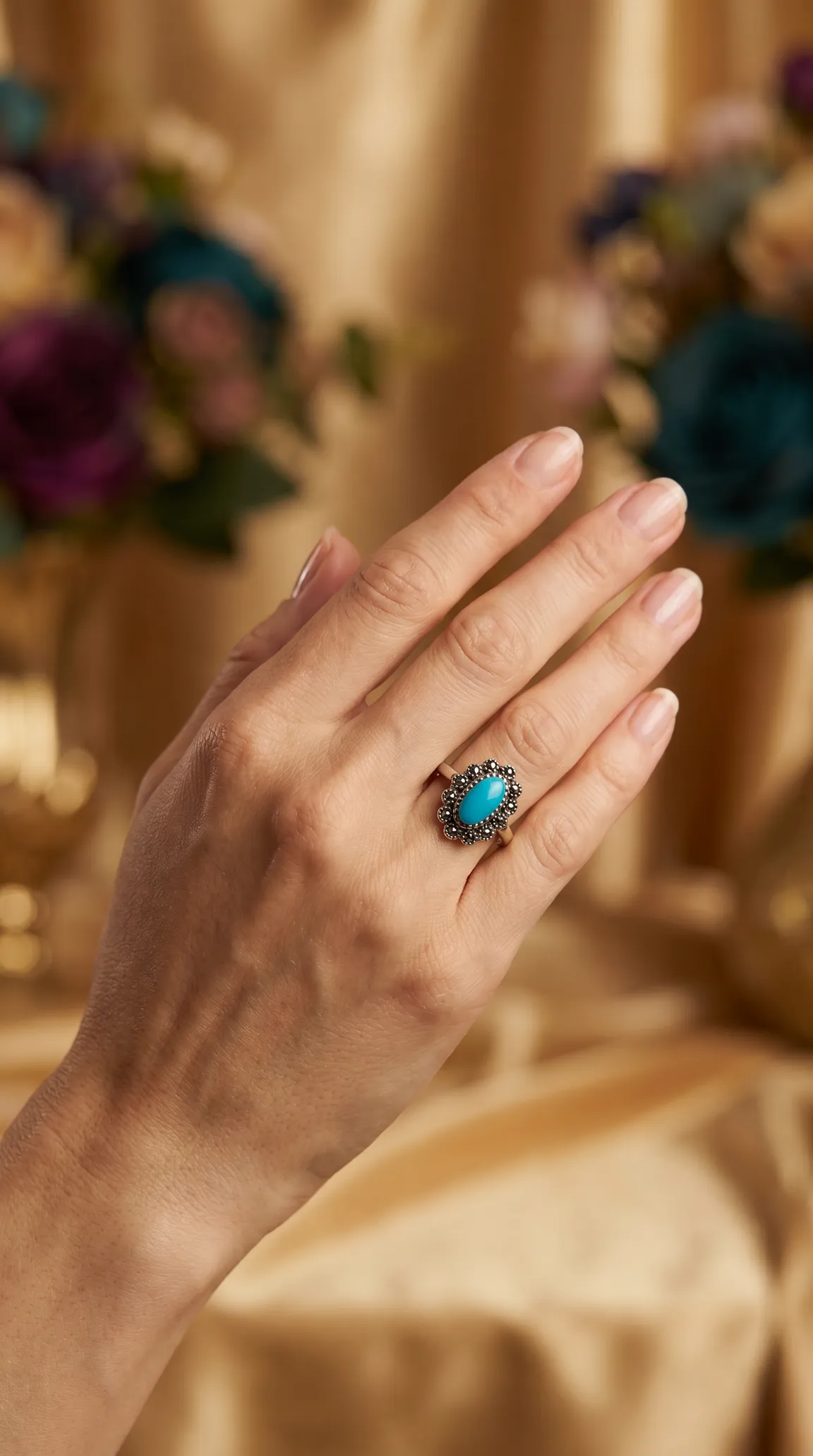 Vintage gold-tone ring with oval blue turquoise gemstone and marcasite halo on a woman's hand.