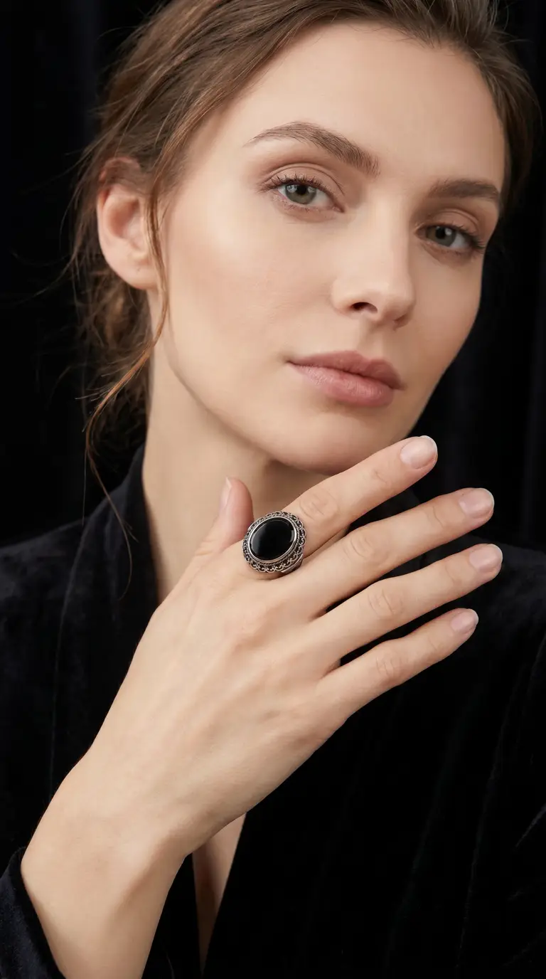 Vintage ornate silver ring with oval black onyx stone on elegant woman's hand.