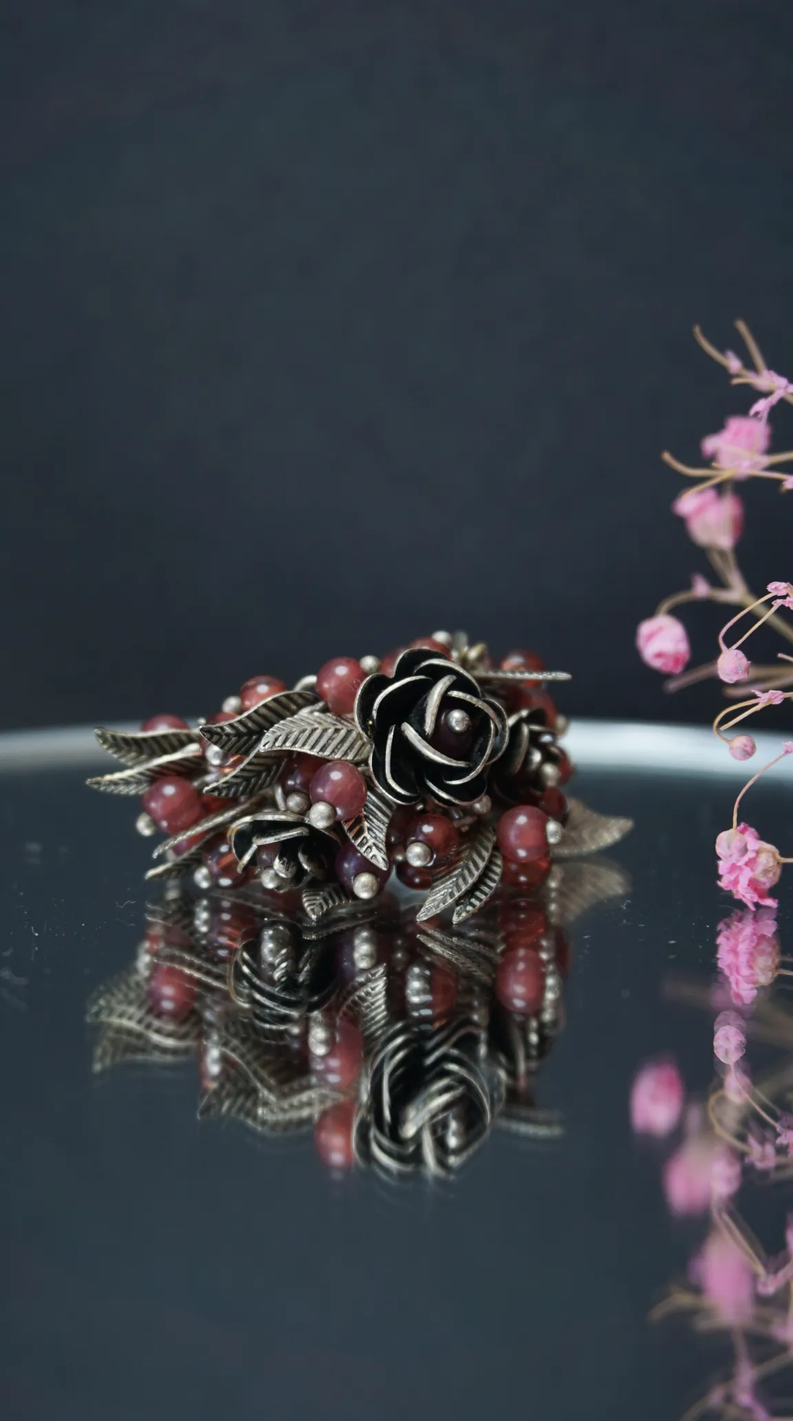 Vintage silver floral rose and leaf brooch with red berry beads